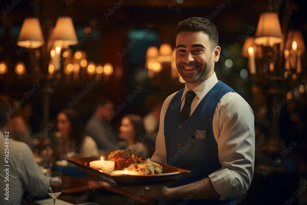 Waiter carrying plates with a meat dish at some  Generative AI,