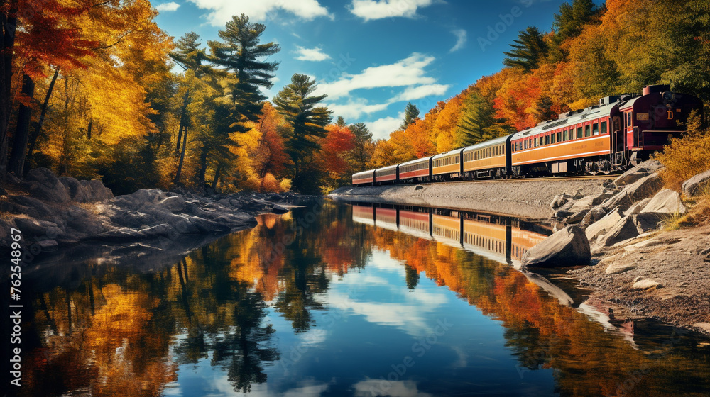 A scenic train journey captured in HDR, showcasing a train winding along a river with autumn foliage reflecting in the water.