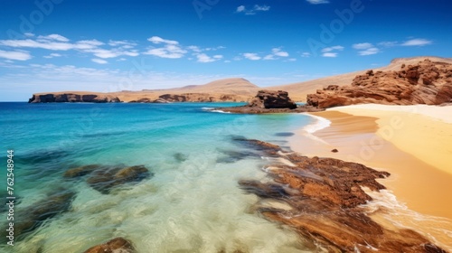 The Idyllic Harmony of Golden Sands  Turquoise Sea  and Brown Cliffs Along the Coast