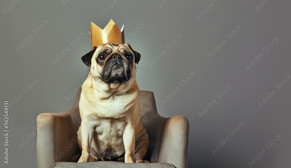 Pug Dog Sitting On an Armchair With A Golden Paper Crown, Copy Space
