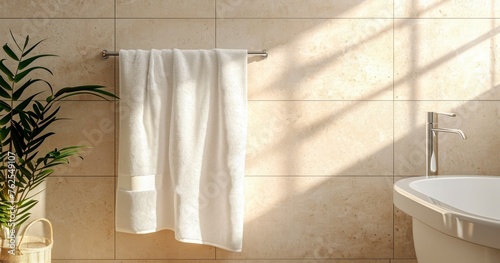 Soft, Clean, White Towel Hanging on Metal Rack in a Modern Bathroom with Beige Tile Wall Background photo