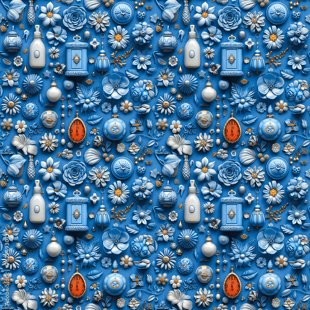 Seamless pattern of assorted blue objects and textures, ideal for backgrounds or textile design. Seamless pattern of assorted blue objects and textures, ideal for backgrounds or textile design.