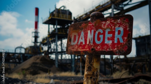 Weathered Danger Sign at Industrial Site With Factory Structures in the Background © Denys
