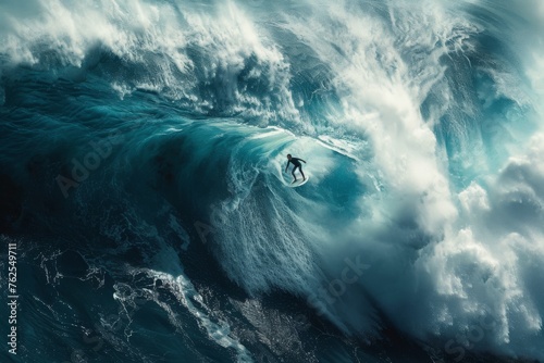 A man skillfully rides a wave on his surfboard, maintaining balance and enjoying the thrill of the surf, A powerful wave crashing down on a surfer mid-ride, AI Generated