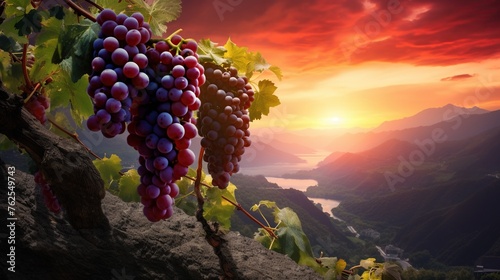 Fresh grapes on a vine against with mountain and sunset view.