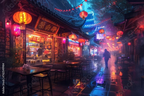 A person is seen walking down a dimly lit street at night  surrounded by the glow of city lights and tall buildings  A psychedelic vision of nightlife at a Chinese food street  AI Generated