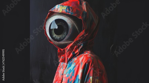 Surreal Portrait of a Person With an Oversized Eye Head in a Colorful Hoodie