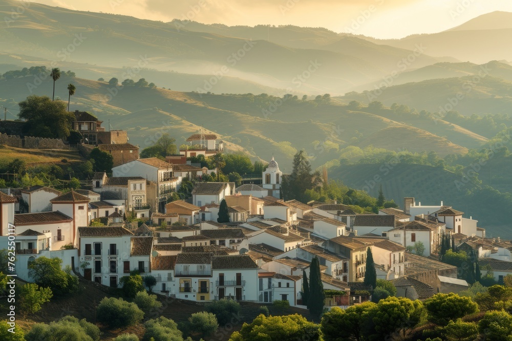 Fototapeta premium A small village sits nestled on a hillside, with towering mountains providing a stunning backdrop, A quaint Islamic town nestled in the valleys of Andalusia, Spain, AI Generated