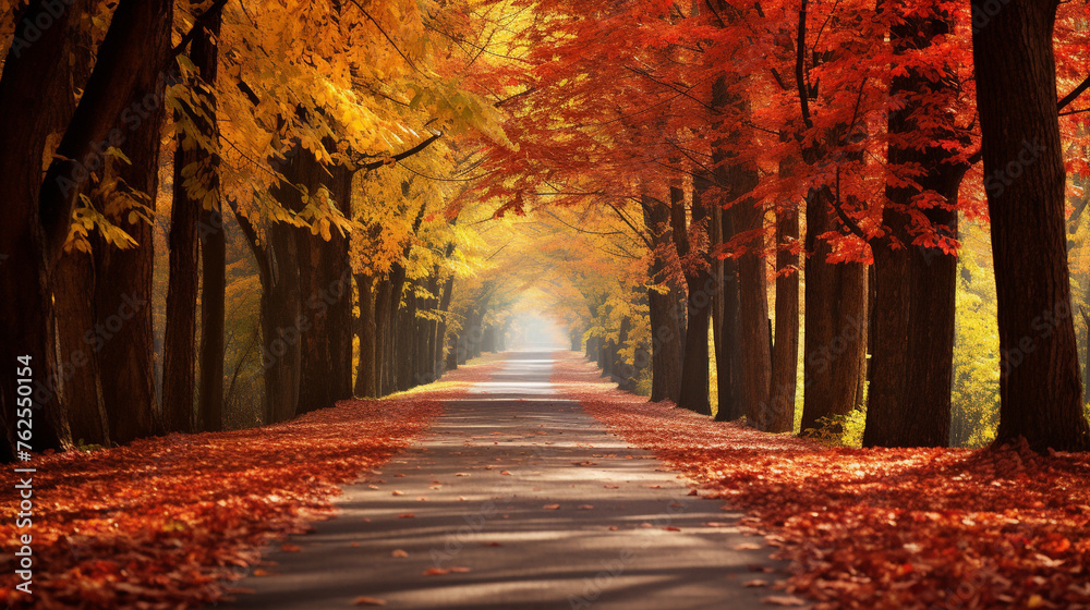A tree-lined country road in autumn, with leaves in vibrant shades of red, orange, and yellow.