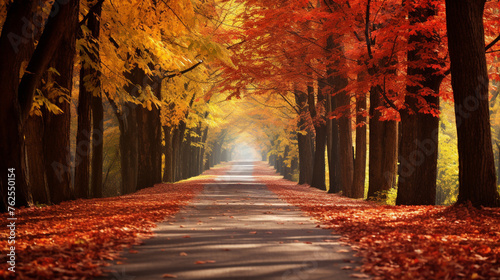 A tree-lined country road in autumn, with leaves in vibrant shades of red, orange, and yellow. © Abdul