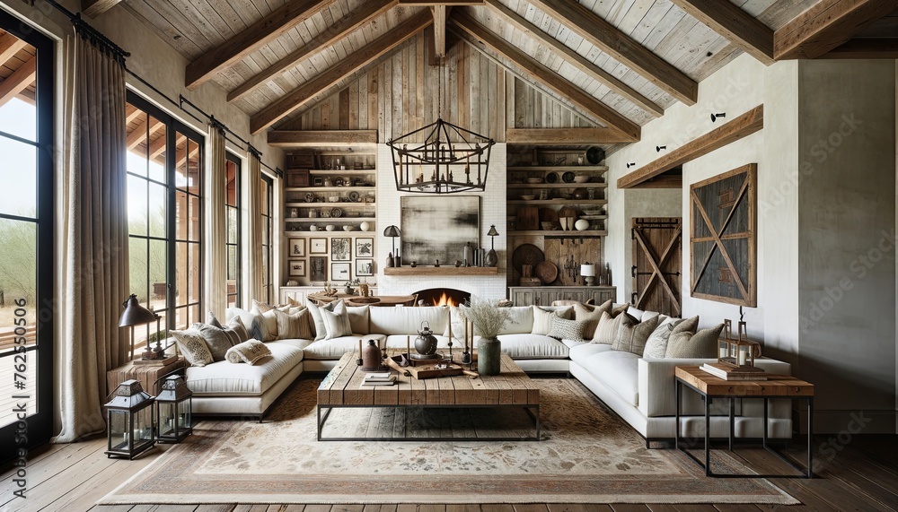 rustic yet sophisticated Farmhouse style living room, blending traditional elements with contemporary design.