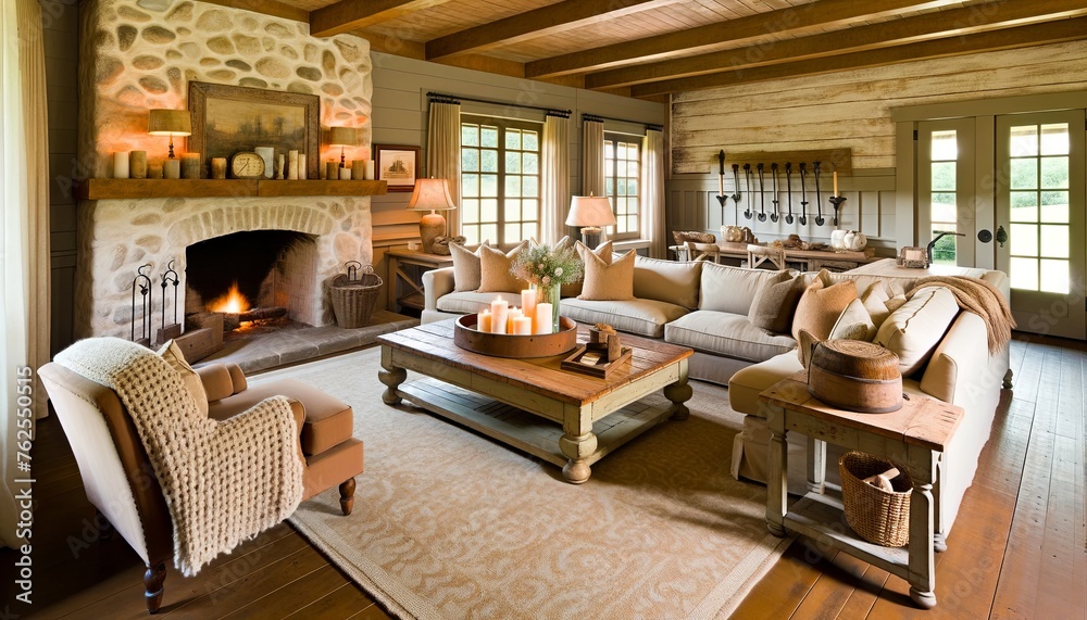 rustic yet sophisticated Farmhouse style living room, blending traditional elements with contemporary design.
