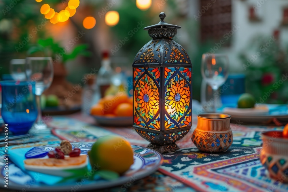 A table adorned with a lit candle and plates of delicious food, creating an inviting atmosphere, A Ramadan lantern (Fanous) placed near a colorful iftar table, AI Generated