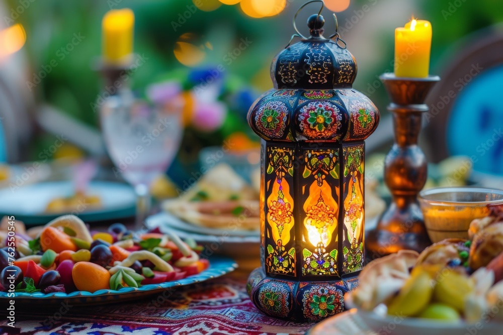 A table adorned with various plates of delicious food and a flickering candle in the center, A Ramadan lantern (Fanous) placed near a colorful iftar table, AI Generated