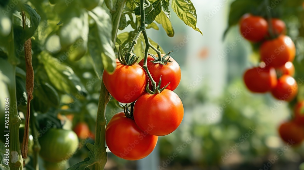 Fresh red tomato hanging on the plant at the garden. Ripe vegetable, organic food and healthy eating concept.
