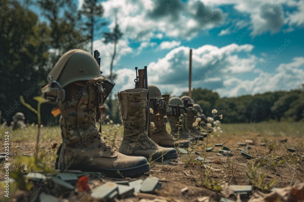 Row of Military Boots on Top of Field, A row of military boots, helmets and rifles in a field to signify fallen soldiers on Memorial Day, AI Generated - obrazy, fototapety, plakaty 