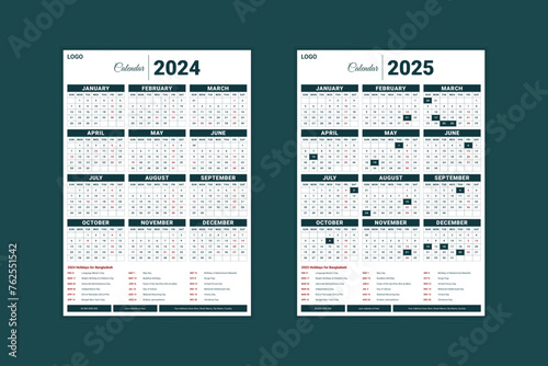Simple calendar set for 2024 and 2025 years. Simple editable vertical vector calender