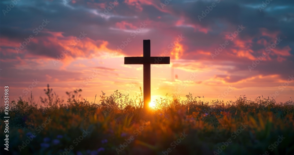 The Stirring Silhouette of a Christian Cross Embraced by the Dawn's Early Light - obrazy, fototapety, plakaty 