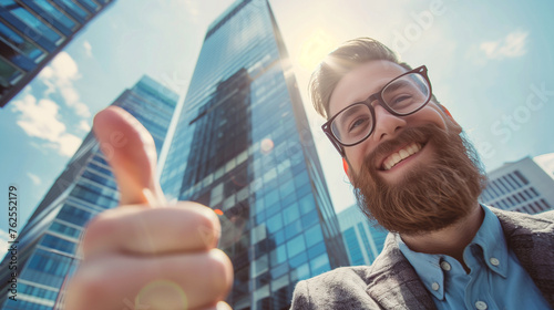 Happy smiling hipster businessman showing thumbs-up gesture photo