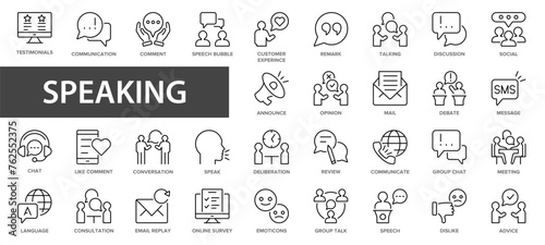 Speaking line icons set. People and Communication icons collection. Speech bubble, discussion, team, relationships, support, social, talking, consultation.