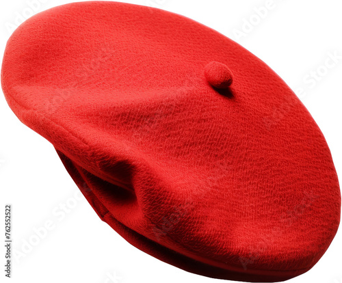 Classic red beret hat with soft texture, cut out transparent