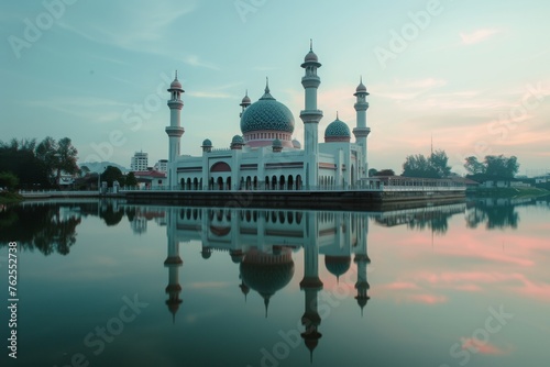 A majestic white building stands prominently atop a vast lake, creating a striking architectural contrast, A serene river reflecting a mosque's domes, AI Generated