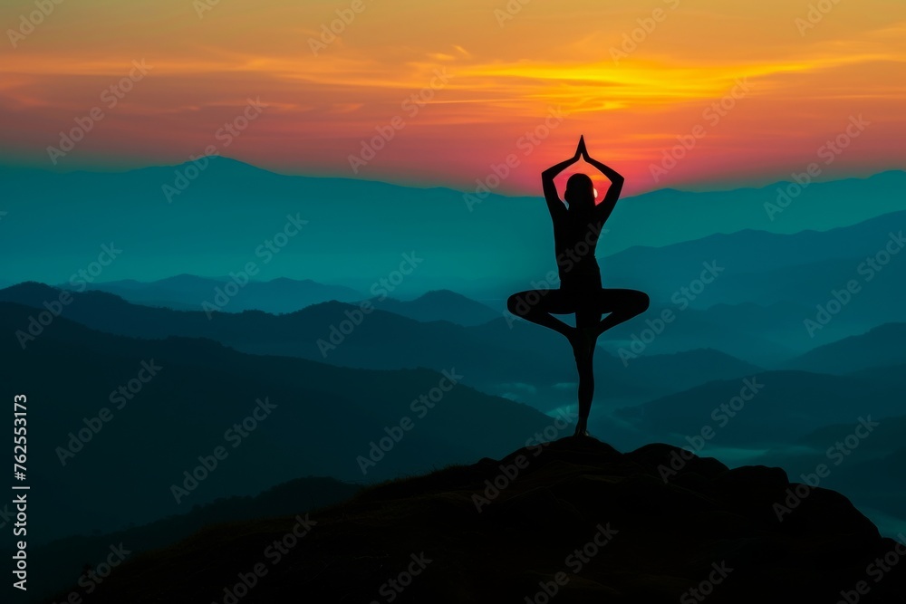A person practices yoga on the peak of a mountain, embracing the challenge and beauty of the natural surroundings, A silhouette of a yogi in tree pose on a mountain peak at dawn, AI Generated