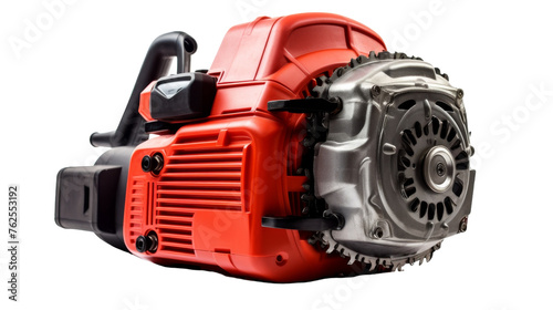 A red and black engine with intricate design elements on a white background