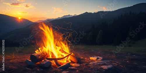 Bonfire on the background of the sky in the mountains. bonfire at night Outdoor campfire with wood burning in a scenic view