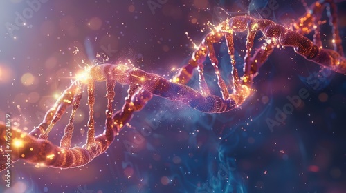 DNA strands, healthcare, artificial intelligence. DNA double helix, digital AI elements interweaving, AI and gene research