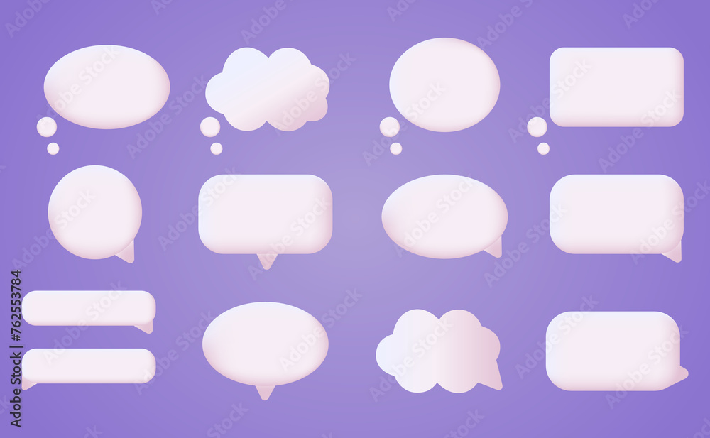 3d white speech bubble, social media chat message icon. Empty text bubbles in various shapes, comment, dialogue balloon set. Thought clouds of different shape as rectangle, ellipse 3d white speech bubble, social media chat message icon. Empty text bubbles in various shapes, comment, dialogue balloon set. Thought clouds of different shape as rectangle, ellipse