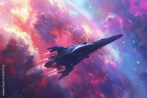 A space ship soars through a vibrant sky, showcasing its unique design and futuristic technology, A spaceship cruising through a colorful nebula in deepest space, AI Generated