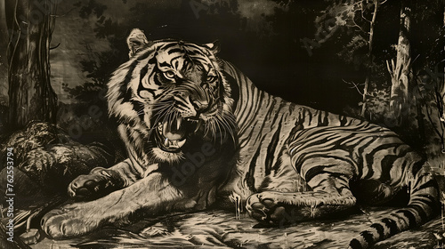 Tiger in the jungle with palm trees. Black and white illustration. © Archi