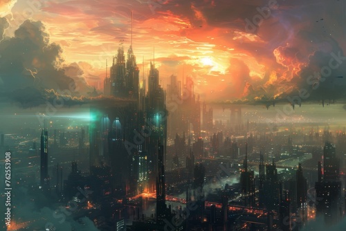 A photo showcasing a futuristic cityscape with a stunning sunset in the background, A sprawling cyberpunk cityscape under a toxic, cloud-filled sky, AI Generated