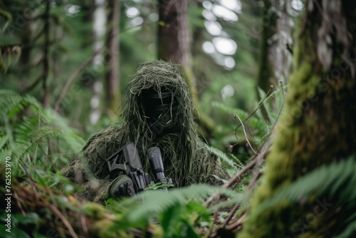 A man wearing camouflage clothing holding a rifle, standing in a wooded area, A stealthy hunter in a ghillie suit setting traps in the deep woods, AI Generated
