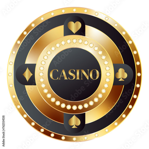Round vector golden casino chip with diamonds