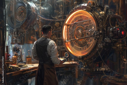 A man is pictured standing in front of a massive machine, observing it closely, A steampunk inspired mechanic with a complex machinery as a backdrop, AI Generated