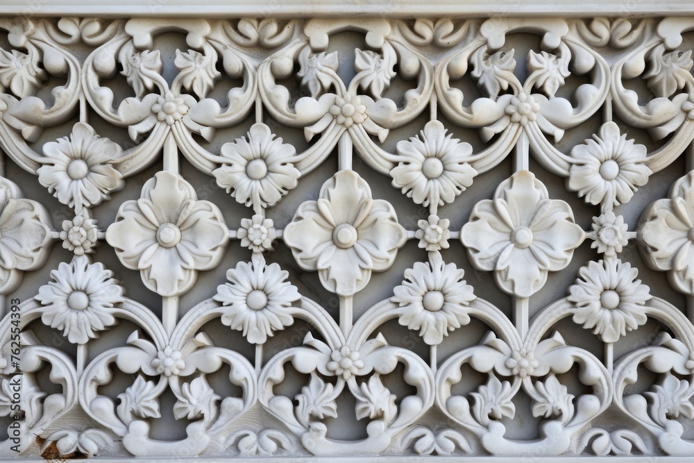 A detailed view of a decorative wall panel showcasing intricate designs and patterns, A stunning Islamic 'Jali' screen carved from marble, AI Generated