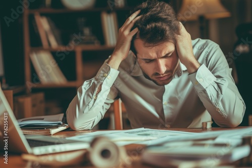 A man sitting at a desk with his head in his hands, visibly stressed and overwhelmed by his tasks and responsibilities, A stressed businessman dealing with loan paybacks, AI Generated