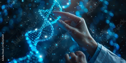 DNA strands, healthcare, artificial intelligence. DNA double helix, digital AI elements interweaving, AI and gene research