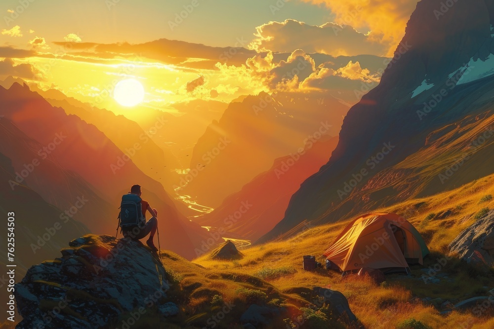 A man calmly sits on top of a mountain, next to his tent, enjoying the view of the surrounding landscape, A sublime mountain landscape at sunset with a backpacker setting up their camp, AI Generated - obrazy, fototapety, plakaty 
