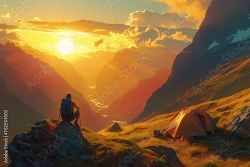 A man calmly sits on top of a mountain  next to his tent  enjoying the view of the surrounding landscape  A sublime mountain landscape at sunset with a backpacker setting up their camp  AI Generated