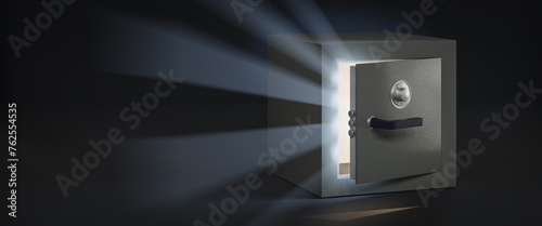 A slightly open safe with a permutation lock in a dark environment. Light spilling out of the safe in the form of god rays. Surprise concept. 3d render. Web banner format photo