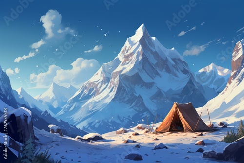 Frosty Snow camp tent mountains. Nature travel. Generate Ai © juliars