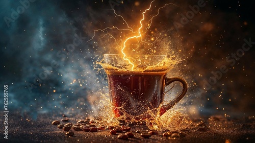 A dynamic scene depicting a coffee cup with a powerful splash against a background with lightning bolts © Fxquadro