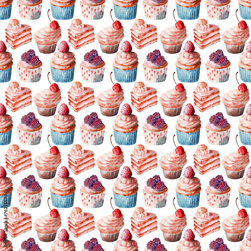 Watercolor seamless pattern with various desserts, sweets and cookies Watercolor seamless pattern with various desserts, sweets and cookies