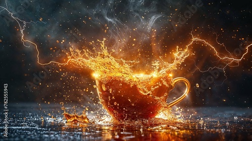 A mystical coffee cup with a splash and electric effects, invoking the intensity of a charged moment © Fxquadro