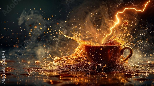 Art meets coffee in this electrified splash scene, with dynamic energy against a dark, textured backdrop