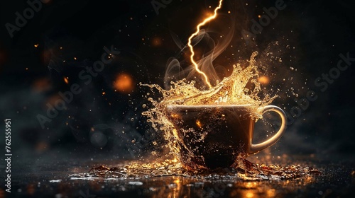 A simple coffee cup is transformed into an enchanting spectacle with golden splashes and whimsical smoke swirls
