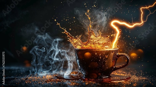 This coffee cup takes on a mystical presence with sparking flames and trailing smoke, creating a vision of passion and warmth